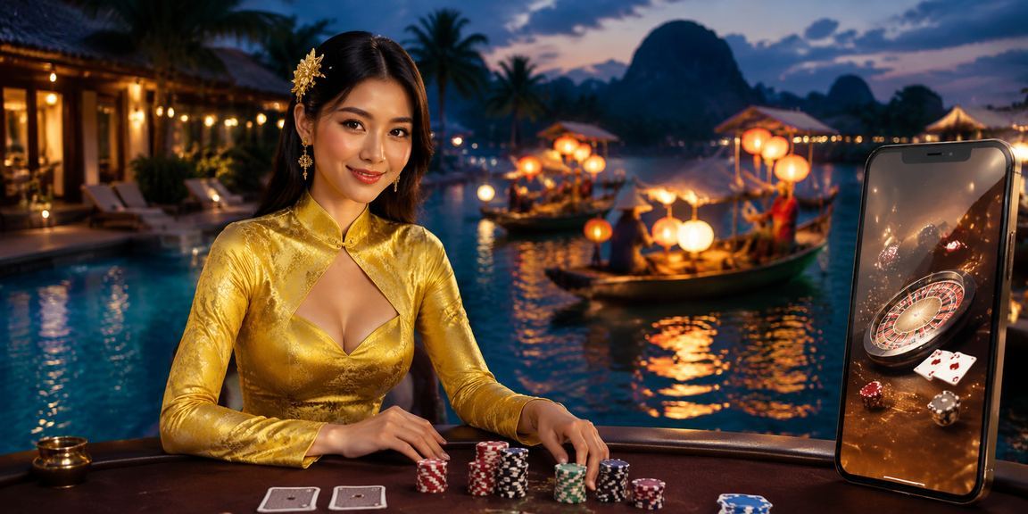 Người chơi trải nghiệm game bài trực tuyến tại Nha Trang trong trang phục áo dài